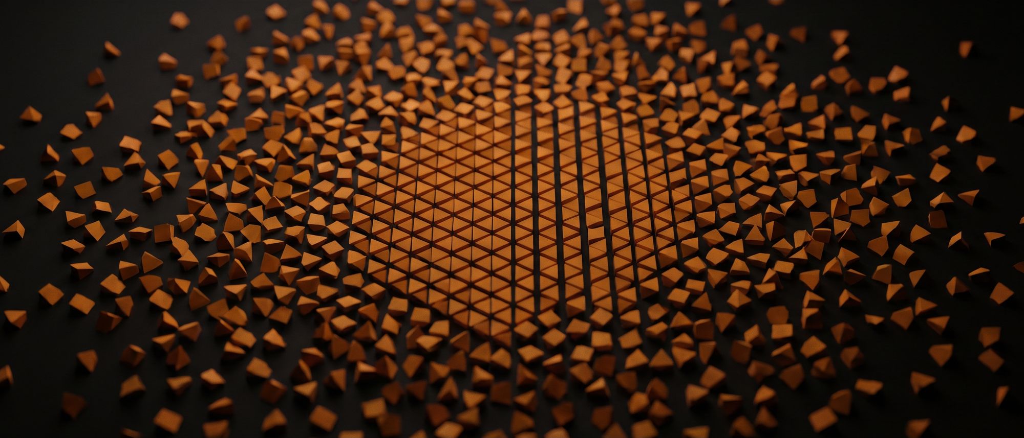 Abstract orange and black composition of scattered fragments resolving into an ordered grid at the centre