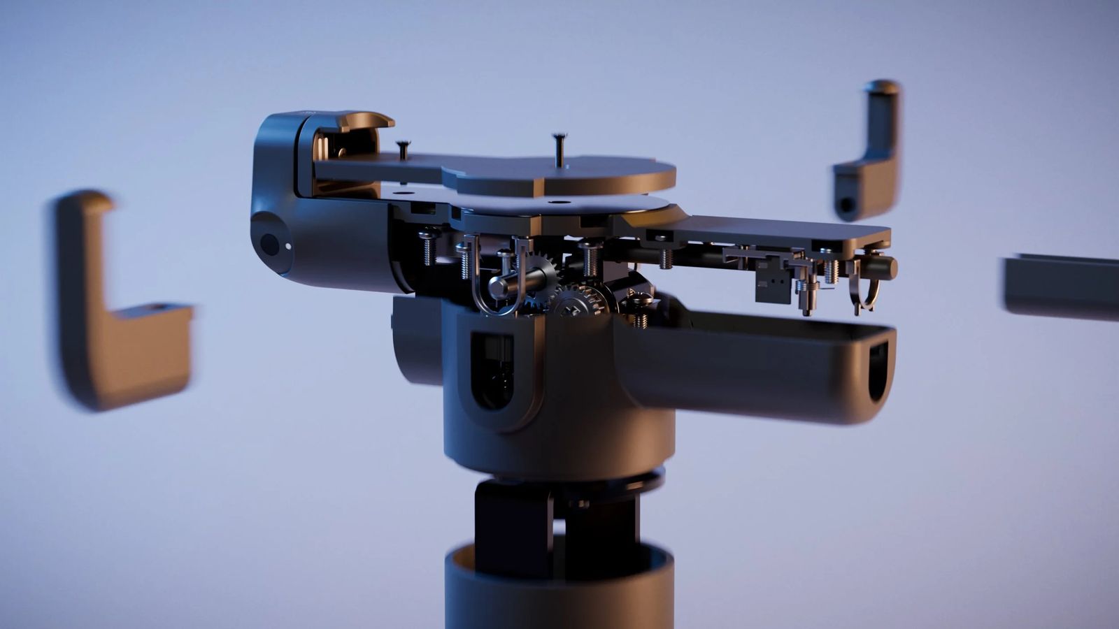 Frame from the OnePOD Max film: the device mount with its arms opening against a pale blue background