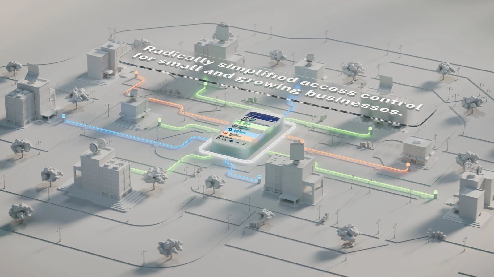 Frame from The Centrios App: a 3D city of small businesses connected by lines of light to a phone